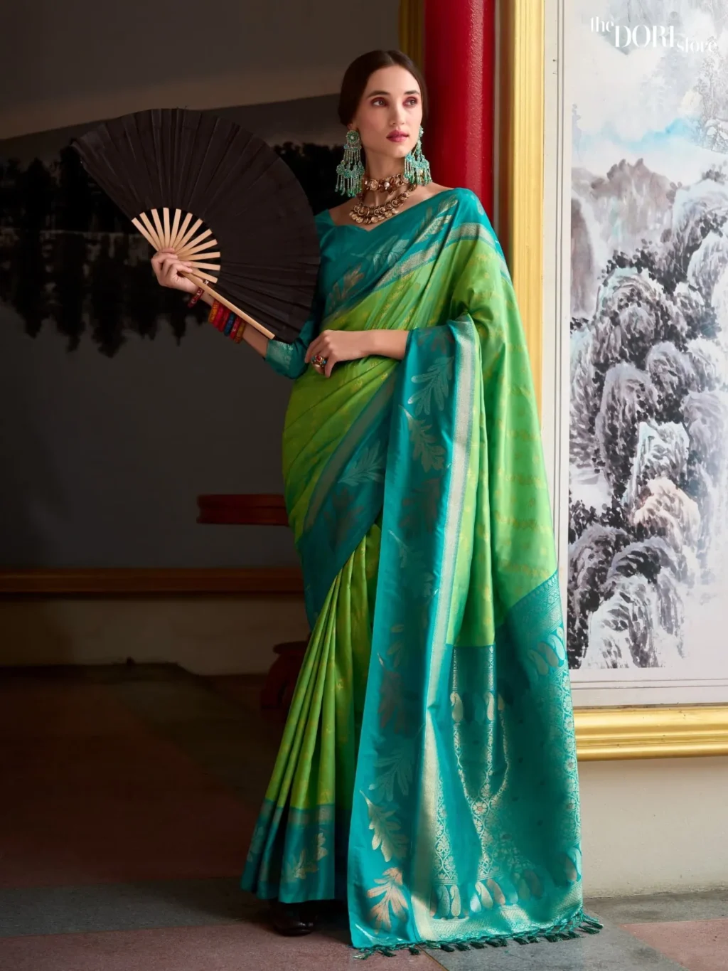 Bluish Sea Green Pure Soft Banarasi Silk Saree  for Women - Designer Leaf Silk  with Beautiful Fabric and Elegant Design.
