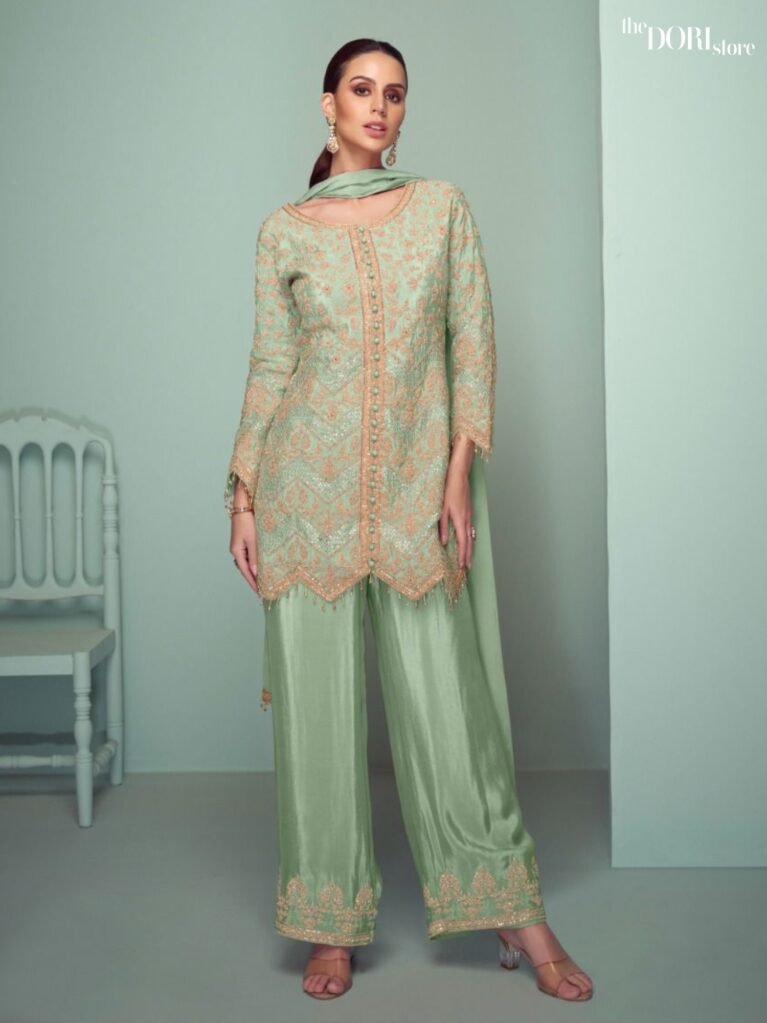 Ethnic Pista Green Partywear Chinon Silk Suit