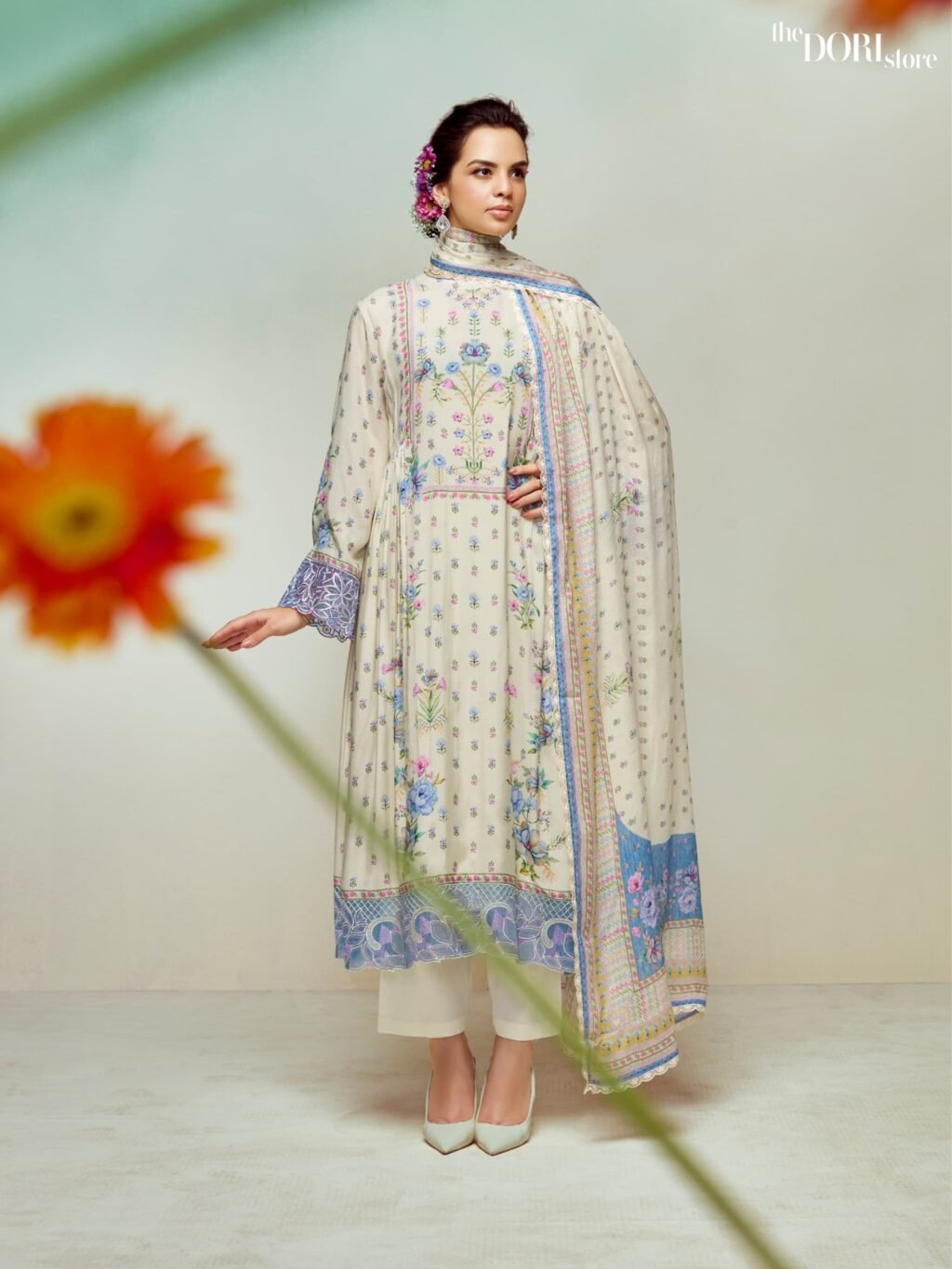 Buy Bluish White Digital Printed Muslin Suit with Organza Border  with stunning designs for women. Best ethnic wear