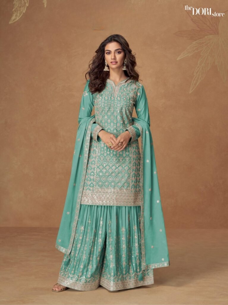 Buy Aqua Green Chinon Silk Partywear Suit  with stunning designs for women. Best ethnic wear
