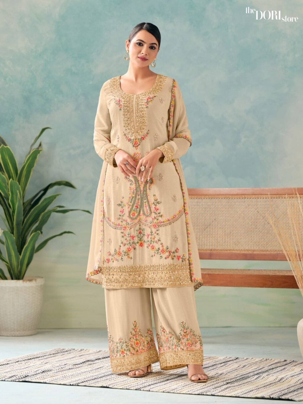 Elegant Cream Chinon Silk Partywear Suit with Embroidery Work  - Beautiful Radha Trendz( MIRACLE) for a classy look.
