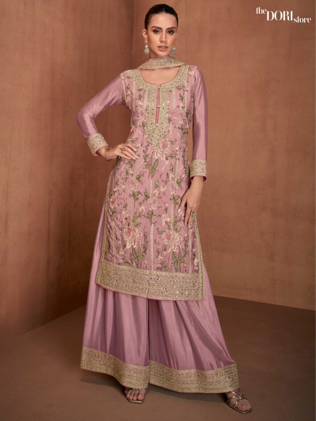 Peach Pink Chinon Silk Partywear Suit with Embroidery & Mirror work - Beautiful GULKARYA DESIGNER (VANYA)  for a classy look.