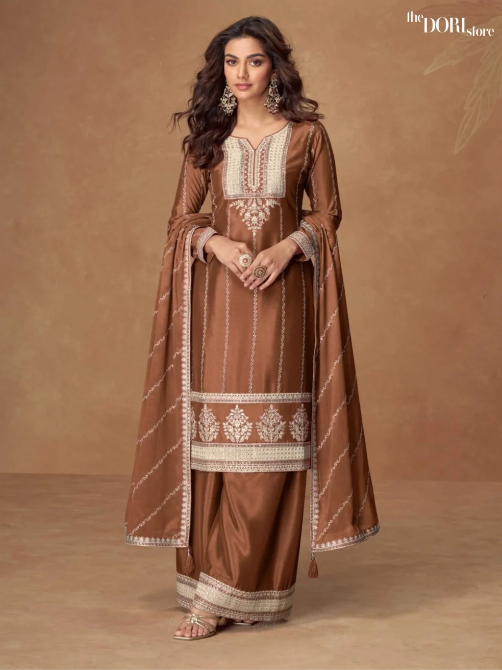 Elegant Brown Chinon Silk Designer Suit  - Beautiful Aashirwad Creation (KAVERI11)  for a classy look.
