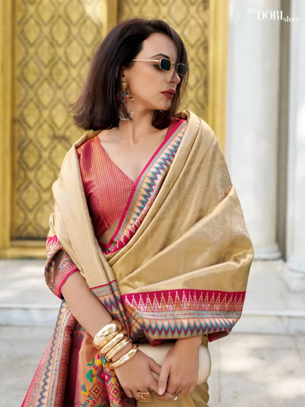 Ethnic Golden Dual Tone Partywear Tissue Silk Saree - Image 3