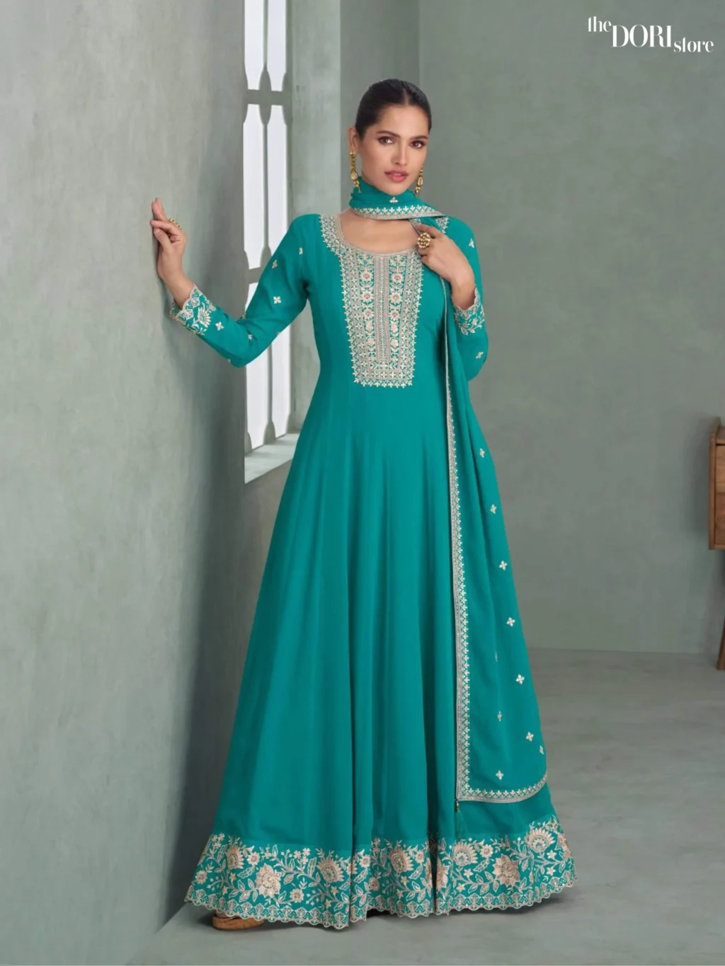 Teal Blue Partywear Georgette Gown Suit  - Beautiful Aashirwad Creation (PURVA) for a classy look.