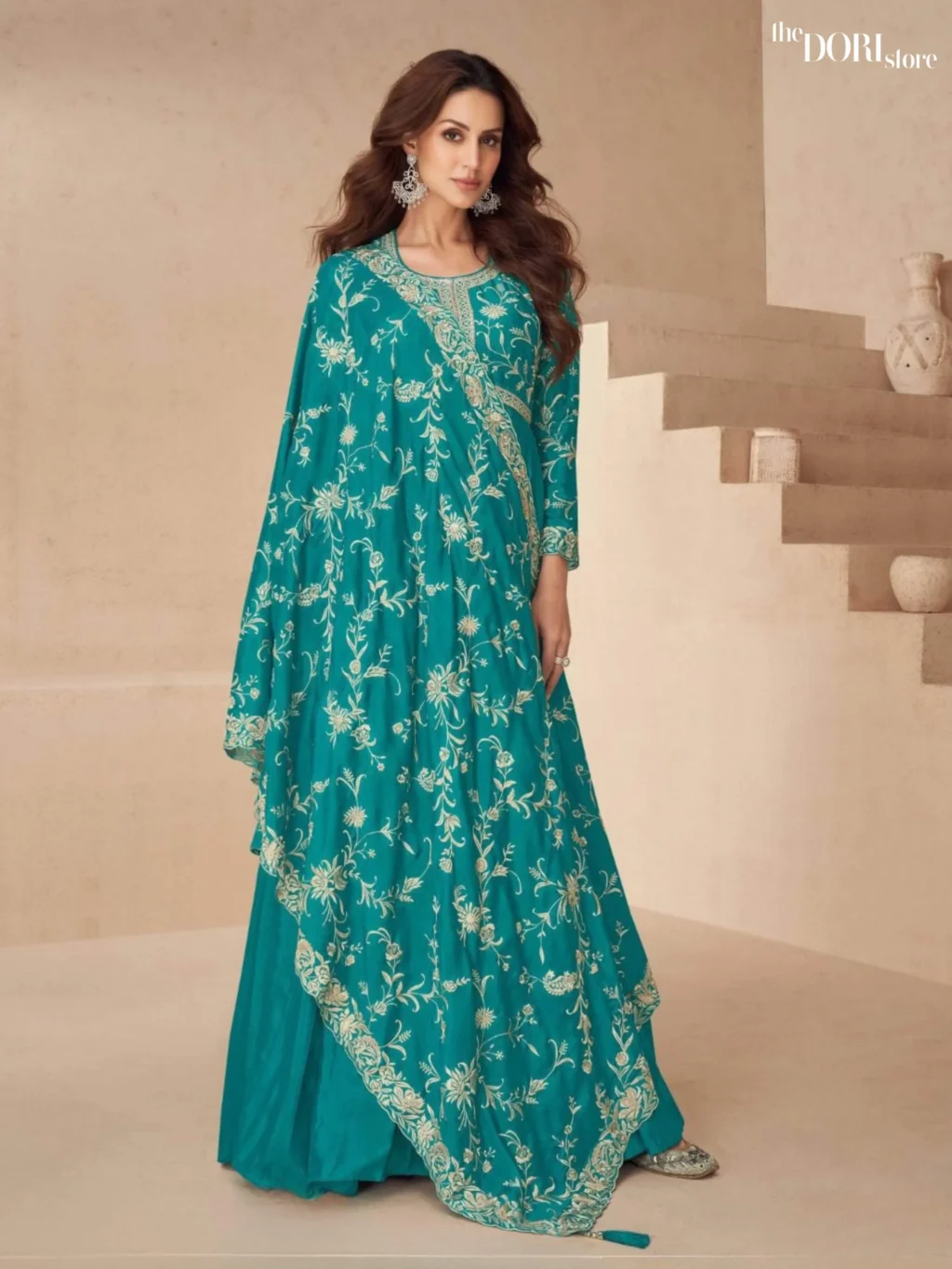 Teal Blue Chinon Silk Partywear Gown Suit - Image 3
