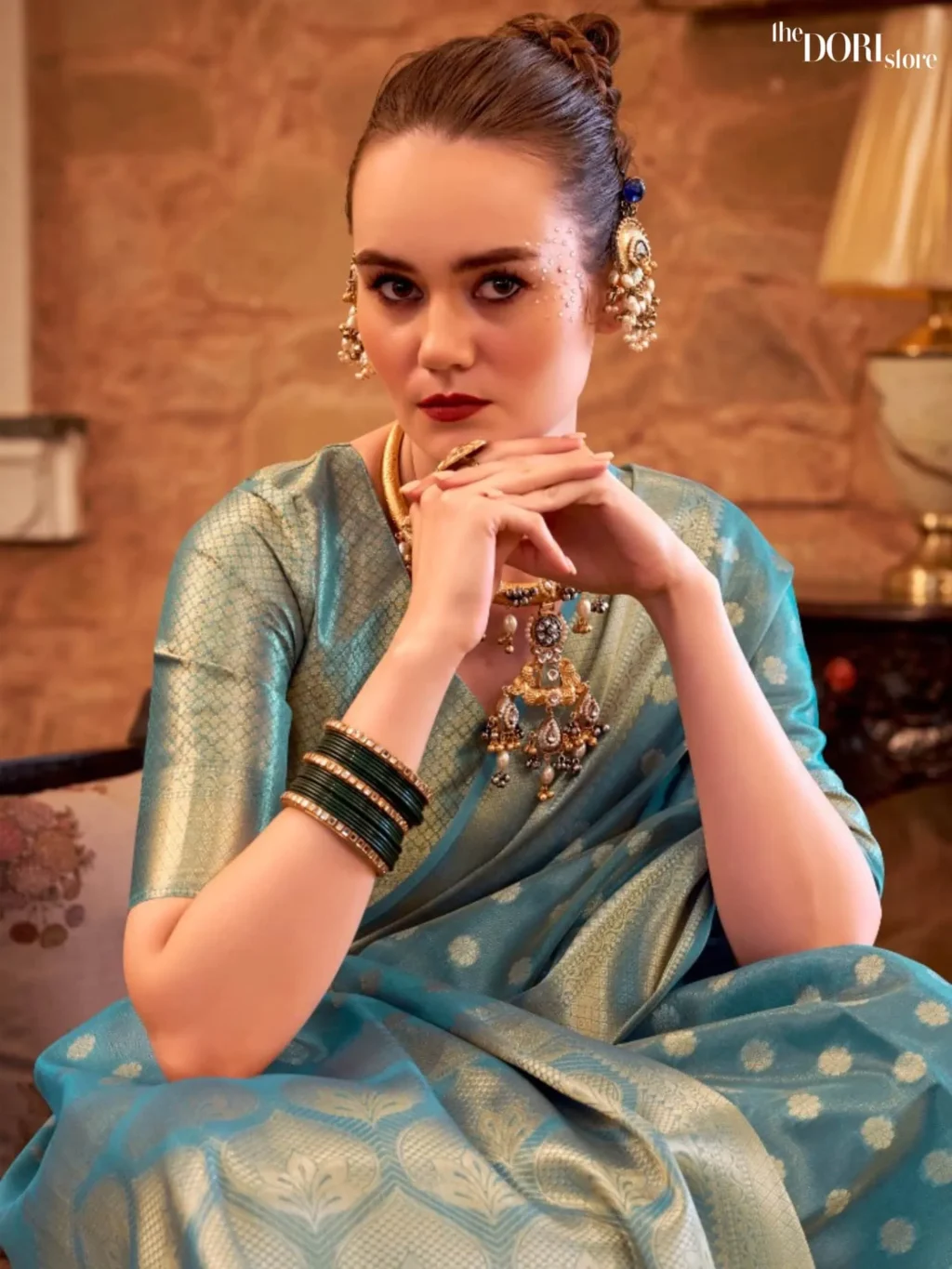 Teal Blue Partywear Tissue Silk Woven Saree - Image 3