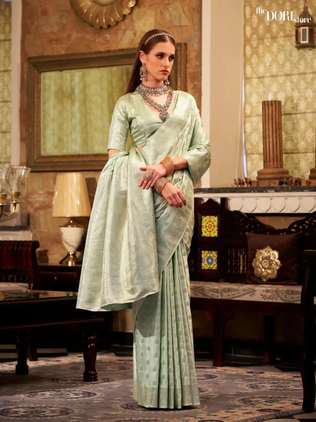 Ethnic Sea Green Pure Soft Banarasi Sattin Silk Saree - Image 4