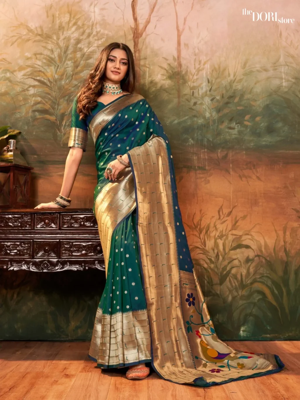 Peacock Green Paithani Silk Saree with Zari Border for Women - Designer PAVITRA PAITHANI with Beautiful Fabric and Elegant Design.