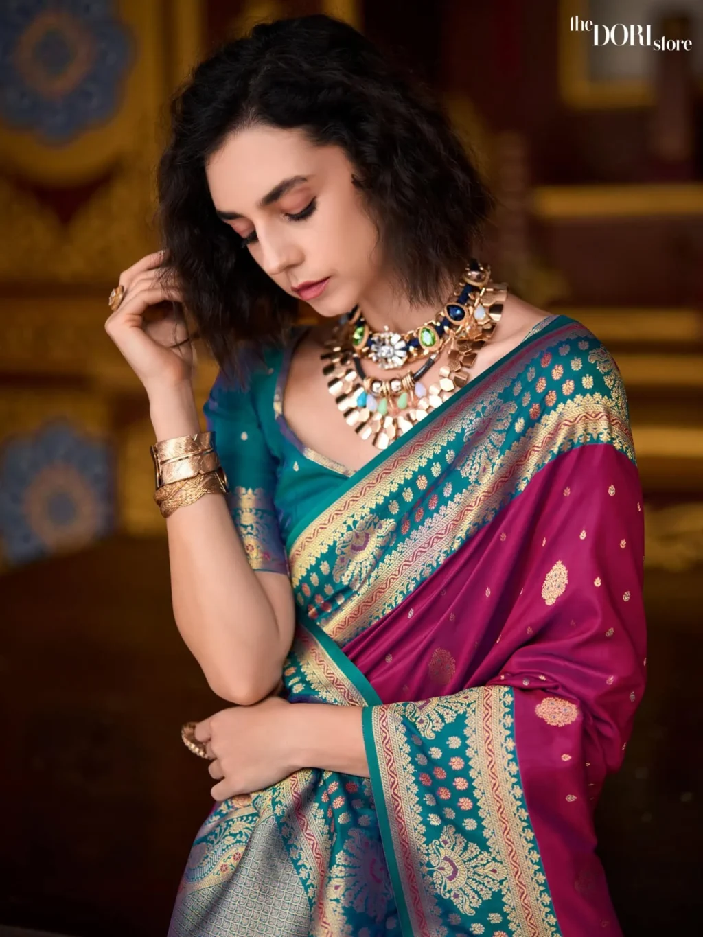 Teal Blue and Rani Pink Designer Banarasi Silk Woven Saree - Image 3