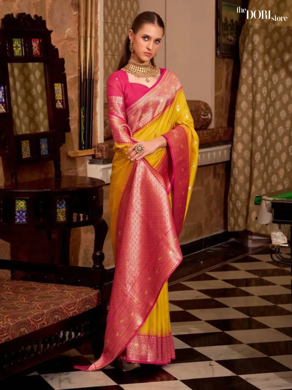 Pinkish Glow Yellow Partywear Soft Silk Woven Saree - Image 4
