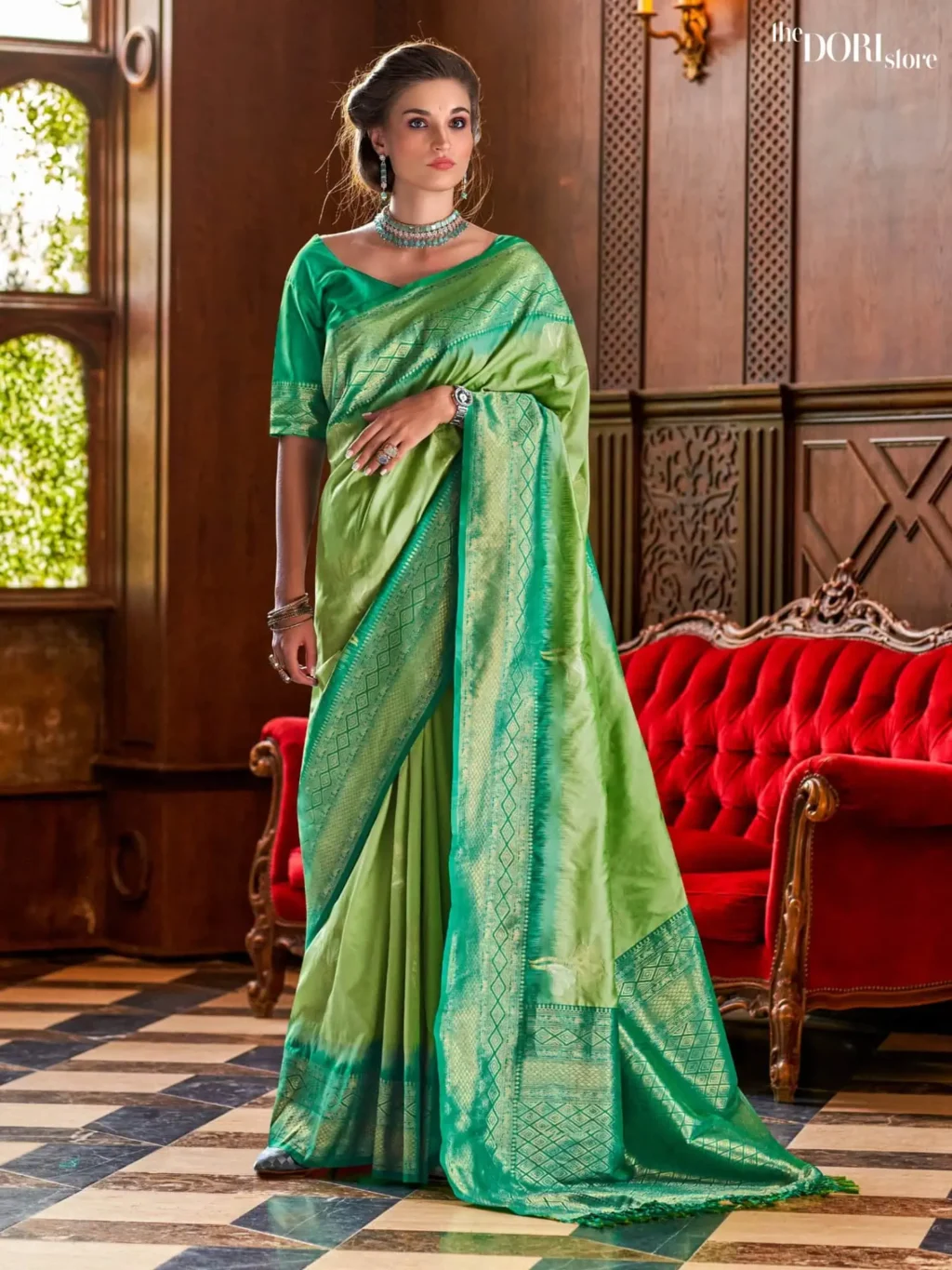 Mint Green Soft Silk Saree with Contrast Blouse  for Women - Designer Roseberry with Beautiful Fabric and Elegant Design.