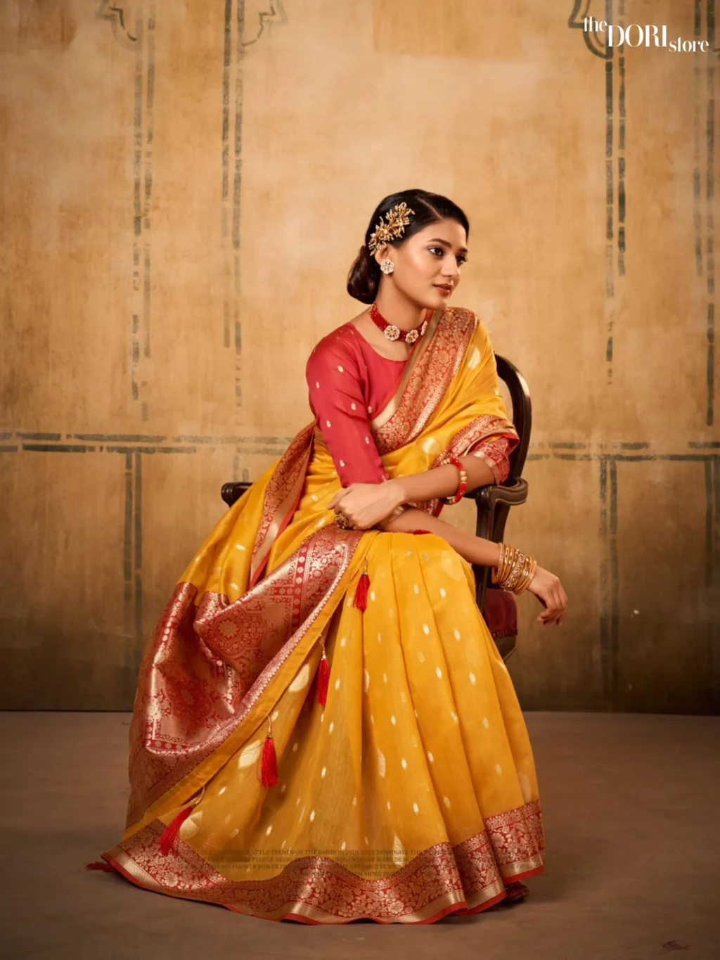 Marigold Yellow Partywear Banarasi Silk Saree - Image 3