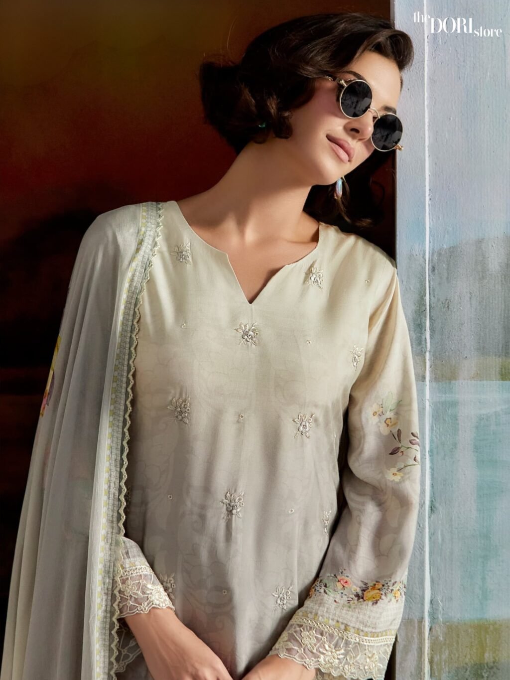 Fossil Grey Pure Muslin Digital Designer Suit with Embroidery Work - Image 4