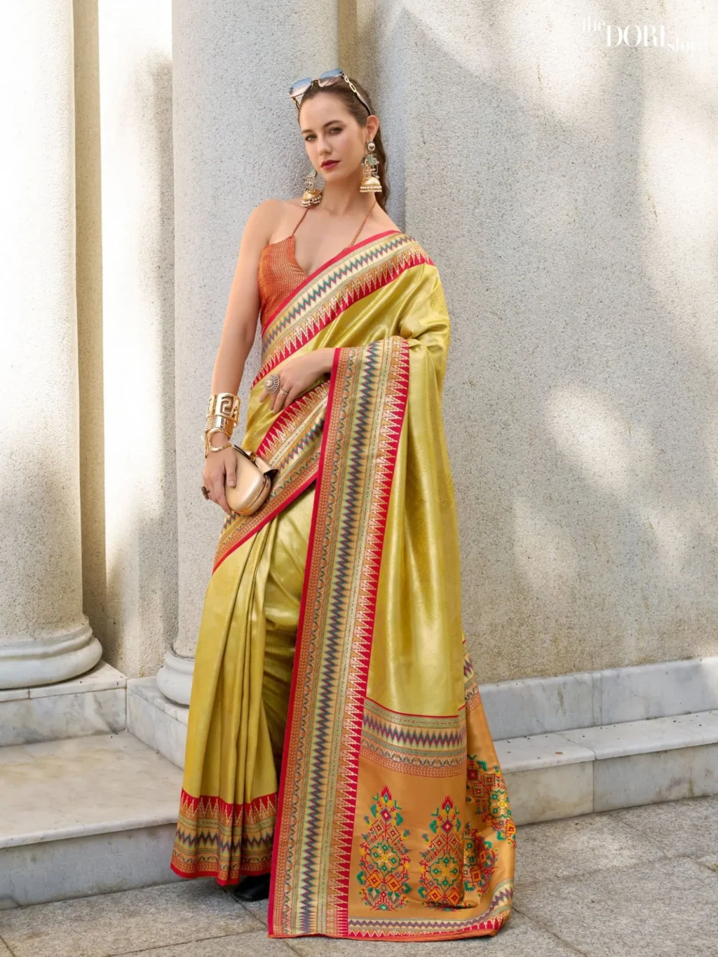 Vibrant Yellow Dual Tone Partywear Tissue Silk Saree for Women - Designer Rajmata  with Beautiful Fabric and Elegant Design.