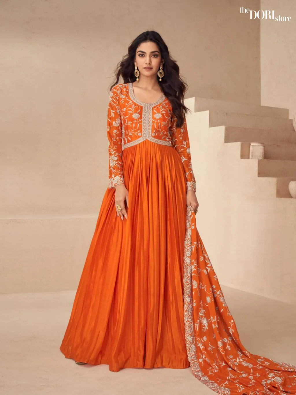 Orange Chinon Silk Partywear Gown Suit - Beautiful Aashirwad Creation (KAYSERIA)  for a classy look.