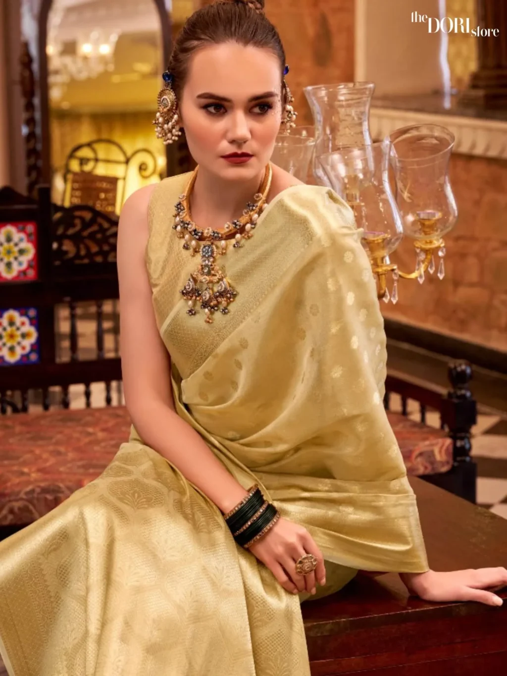 Rich Golden Partywear Tissue Silk Woven Saree - Image 3