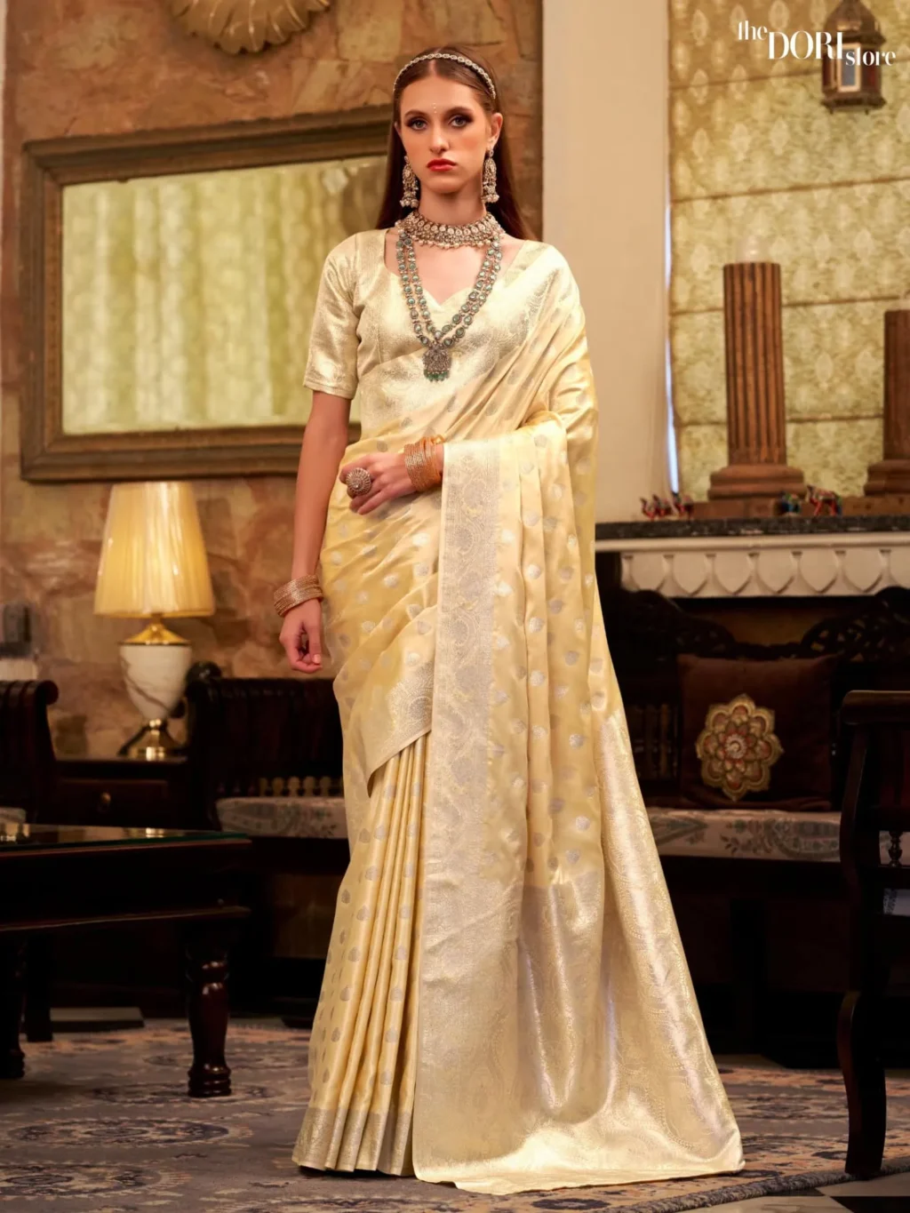 Vanilla Yellow Pure Soft Banarasi Sattin Silk Saree for Women - Designer Shella Gold  with Beautiful Fabric and Elegant Design.