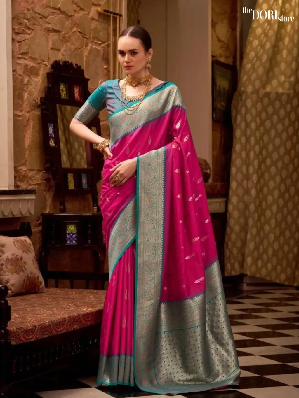 Queen Pink Partywear Soft Silk Woven Saree for Women - Designer Gatha Silk with Beautiful Fabric and Elegant Design.
