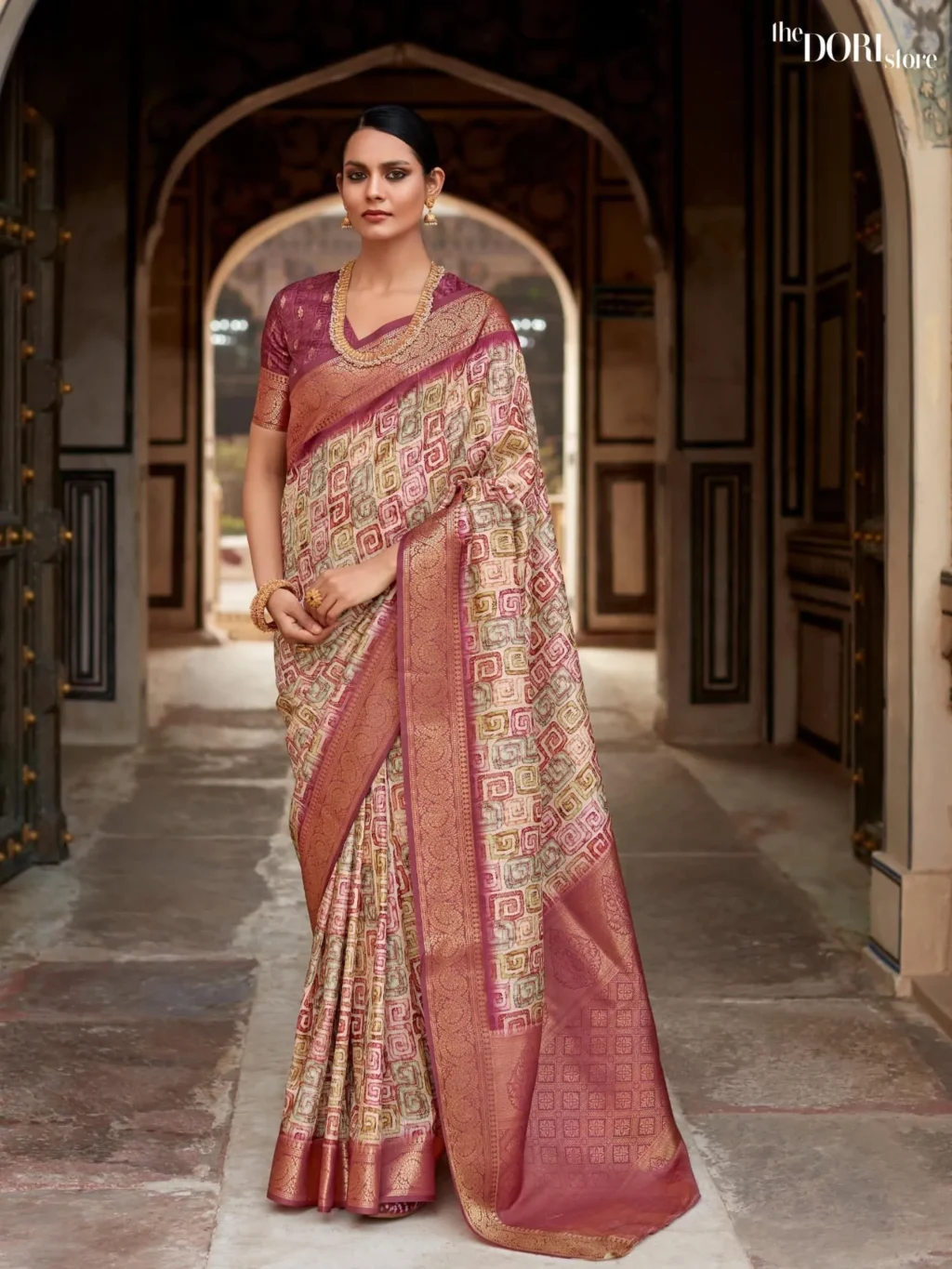 Purplish Cream Handloom Digital Print Silk Saree for Women - Designer Rashmika Silk  with Beautiful Fabric and Elegant Design.