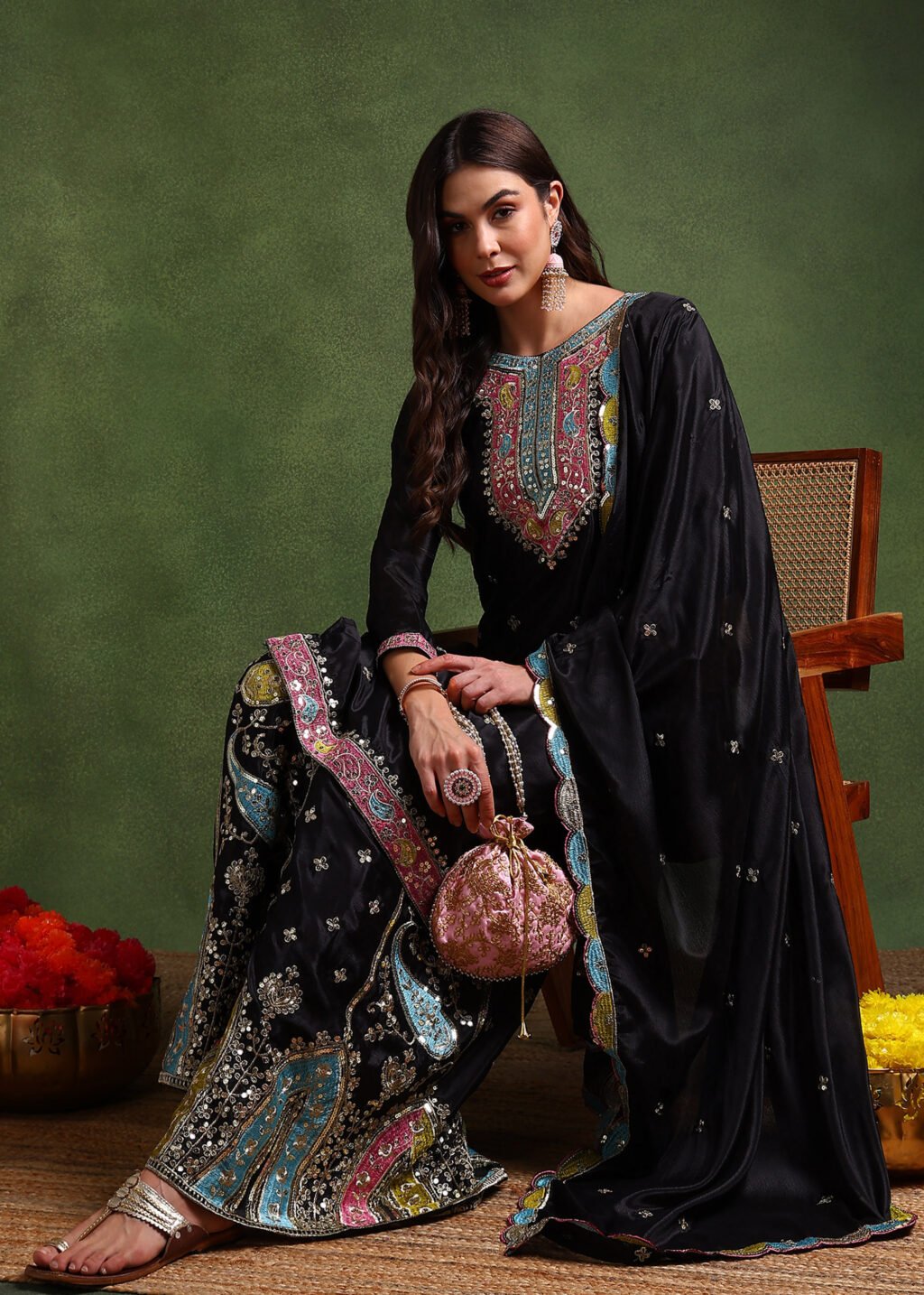 Partywear Black Chinon Silk Ready To Wear Salwar Suit - Image 4