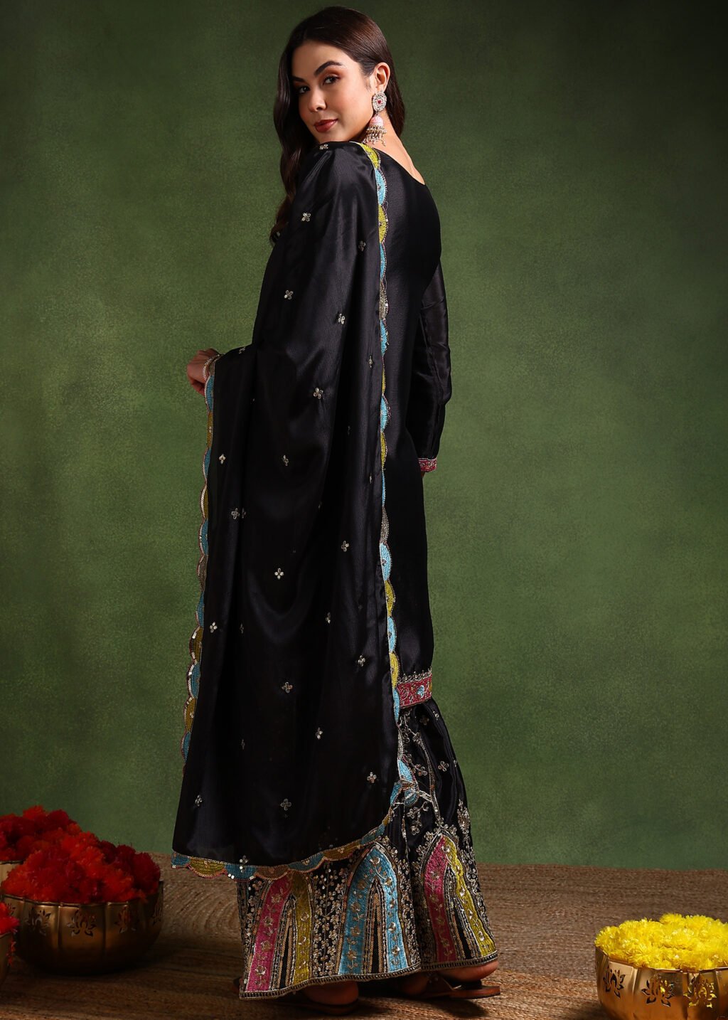 Partywear Black Chinon Silk Ready To Wear Salwar Suit - Image 3