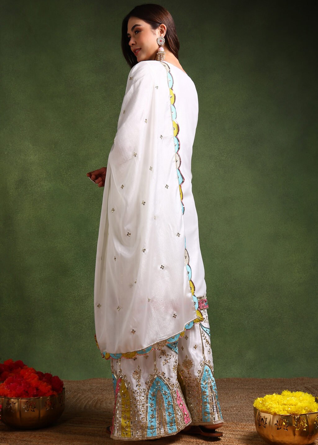 Partywear White Chinon Silk Ready To Wear Salwar Suit - Image 3