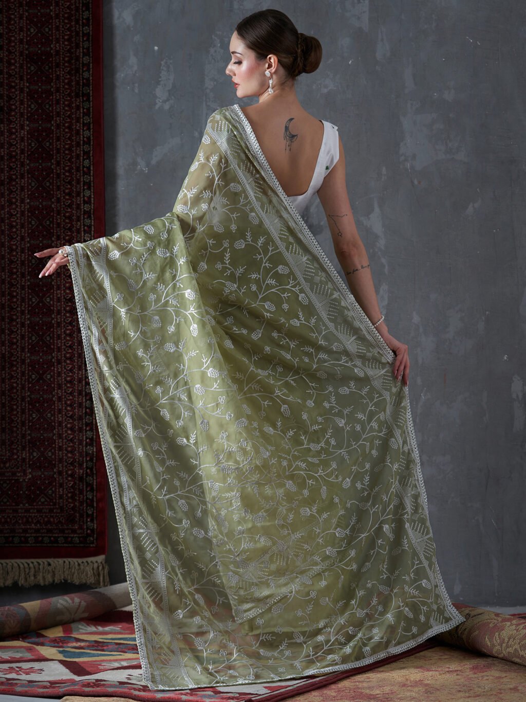 Mehendi Green Partywear Organza Silk Saree - Image 3