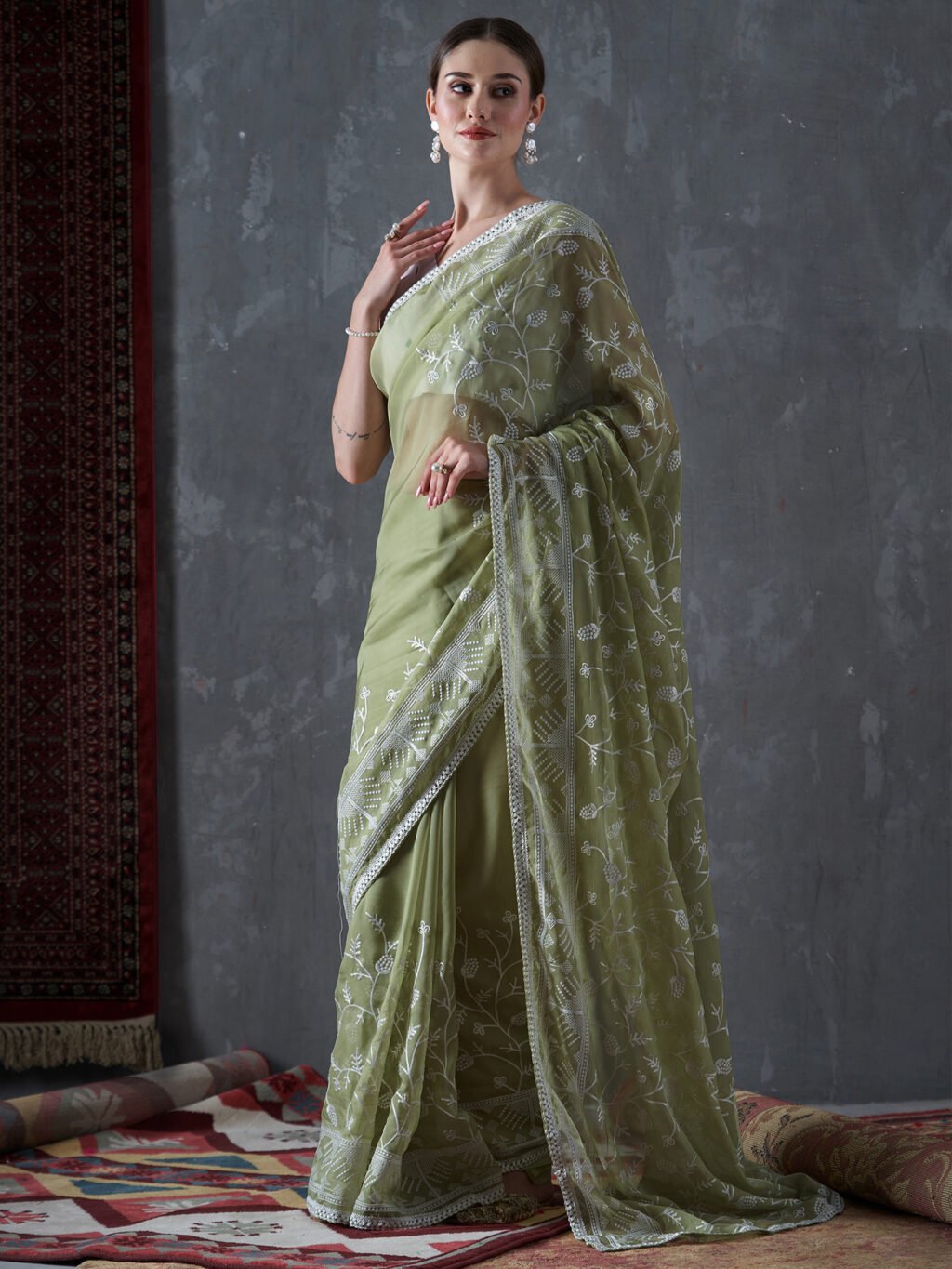 Mehendi Green Partywear Organza Silk Saree - Image 4