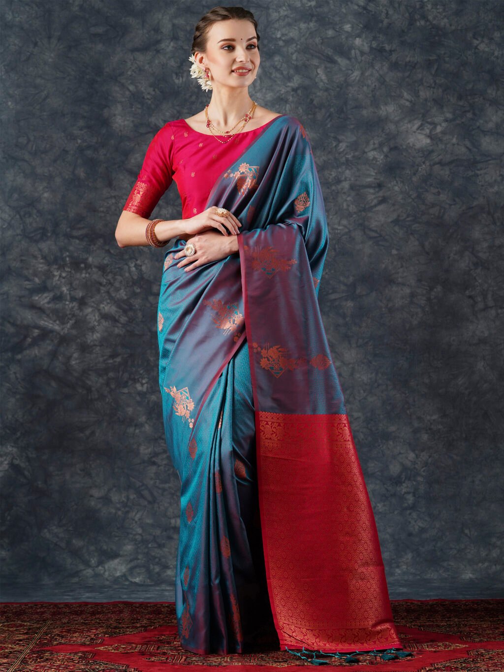 Image of Teal Blue Silk Saree