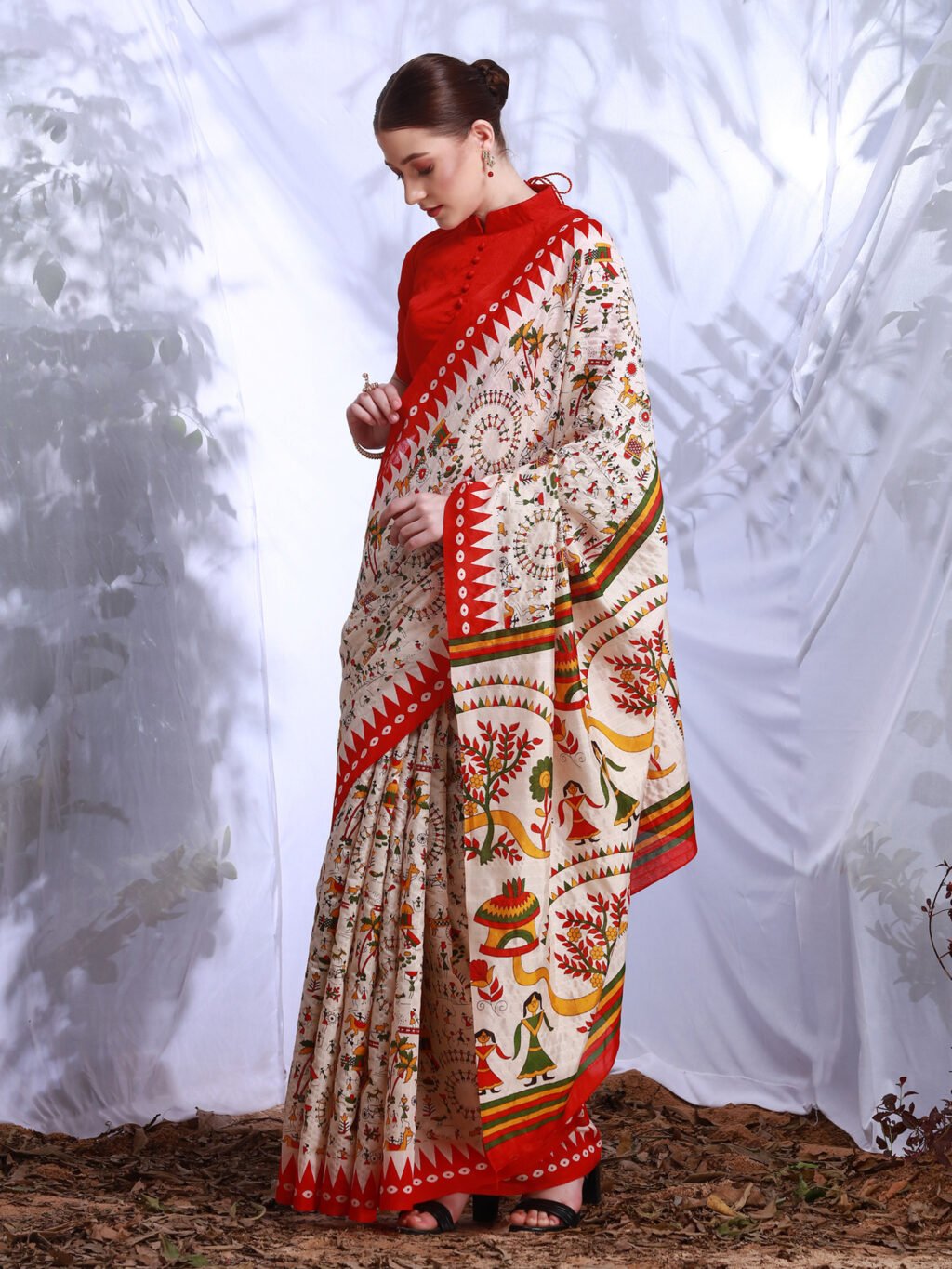 Reddish Cream Bhagalpuri Silk Saree - Image 3