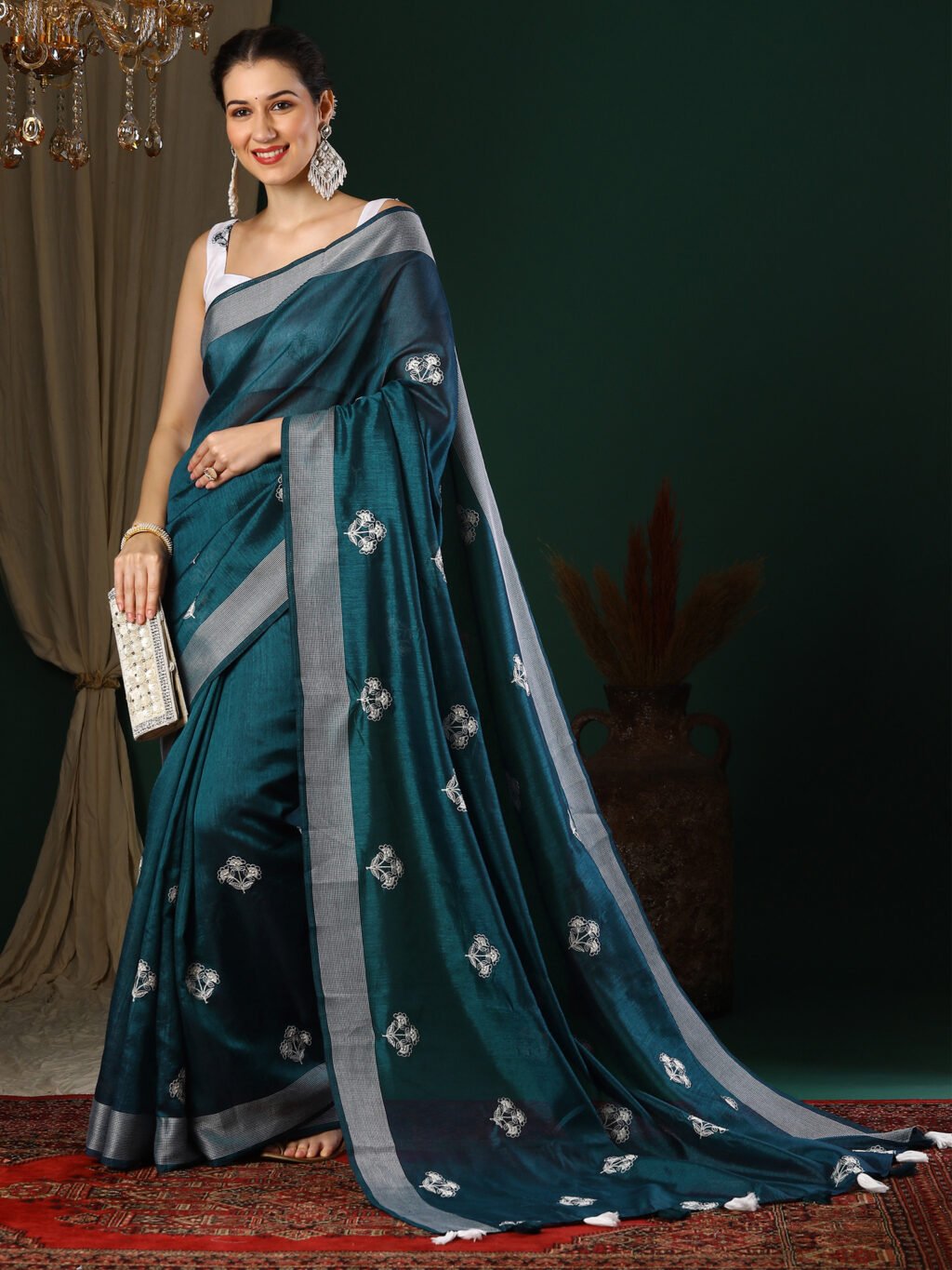Image of Teal Blue Silk Saree