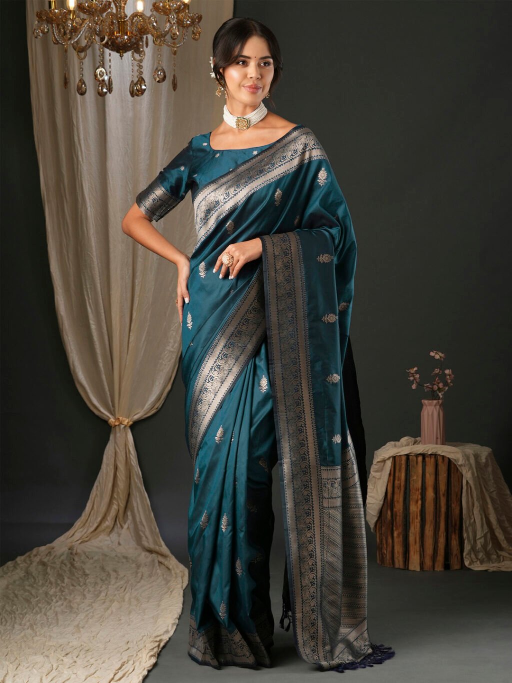 Image of Teal Blue Silk Saree