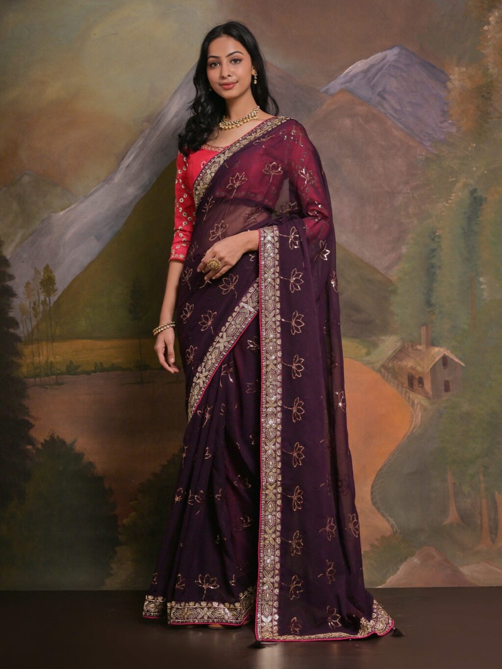 Image of Burgundy Georgette Saree