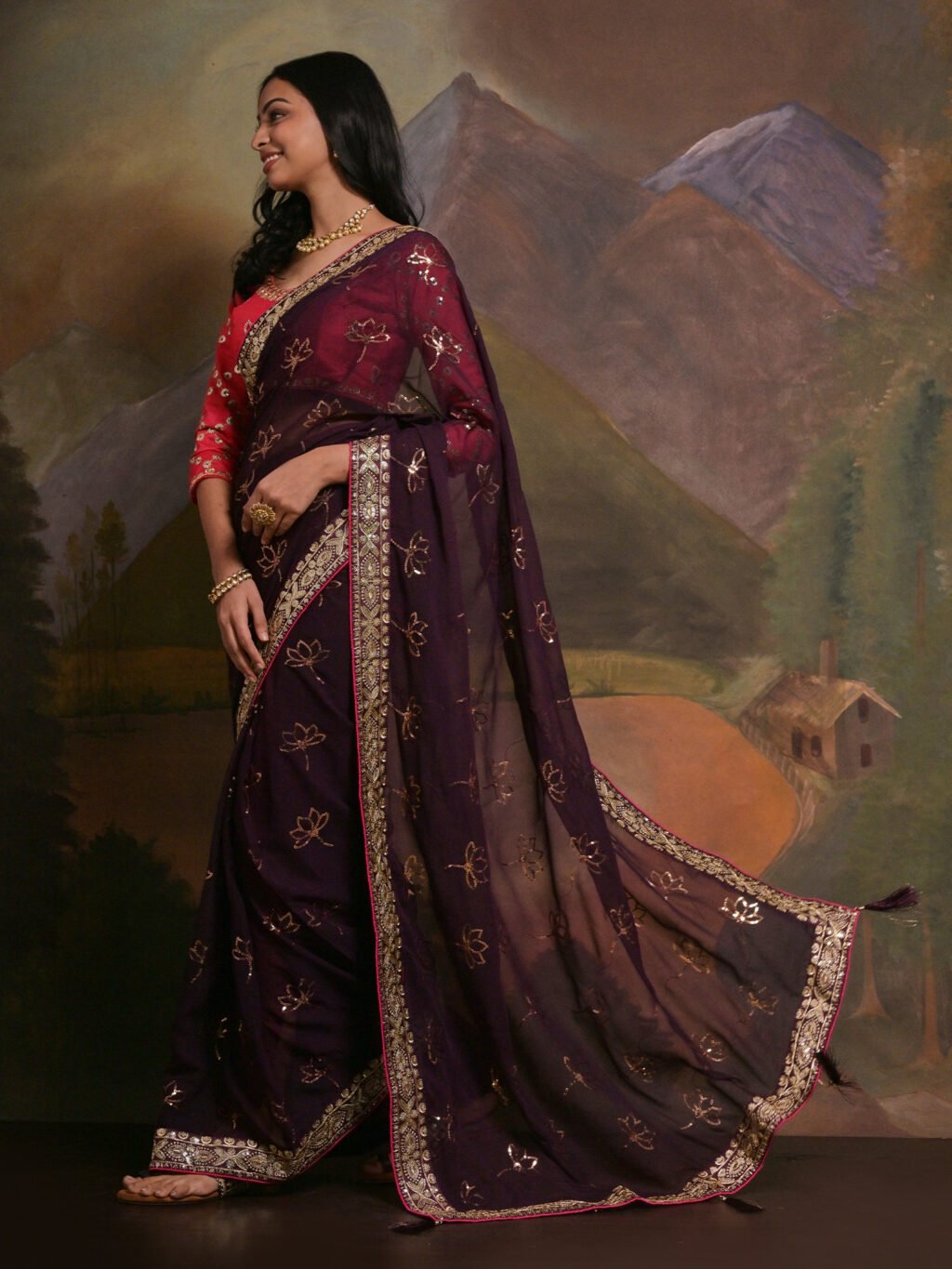 Burgundy Georgette Saree - Image 3