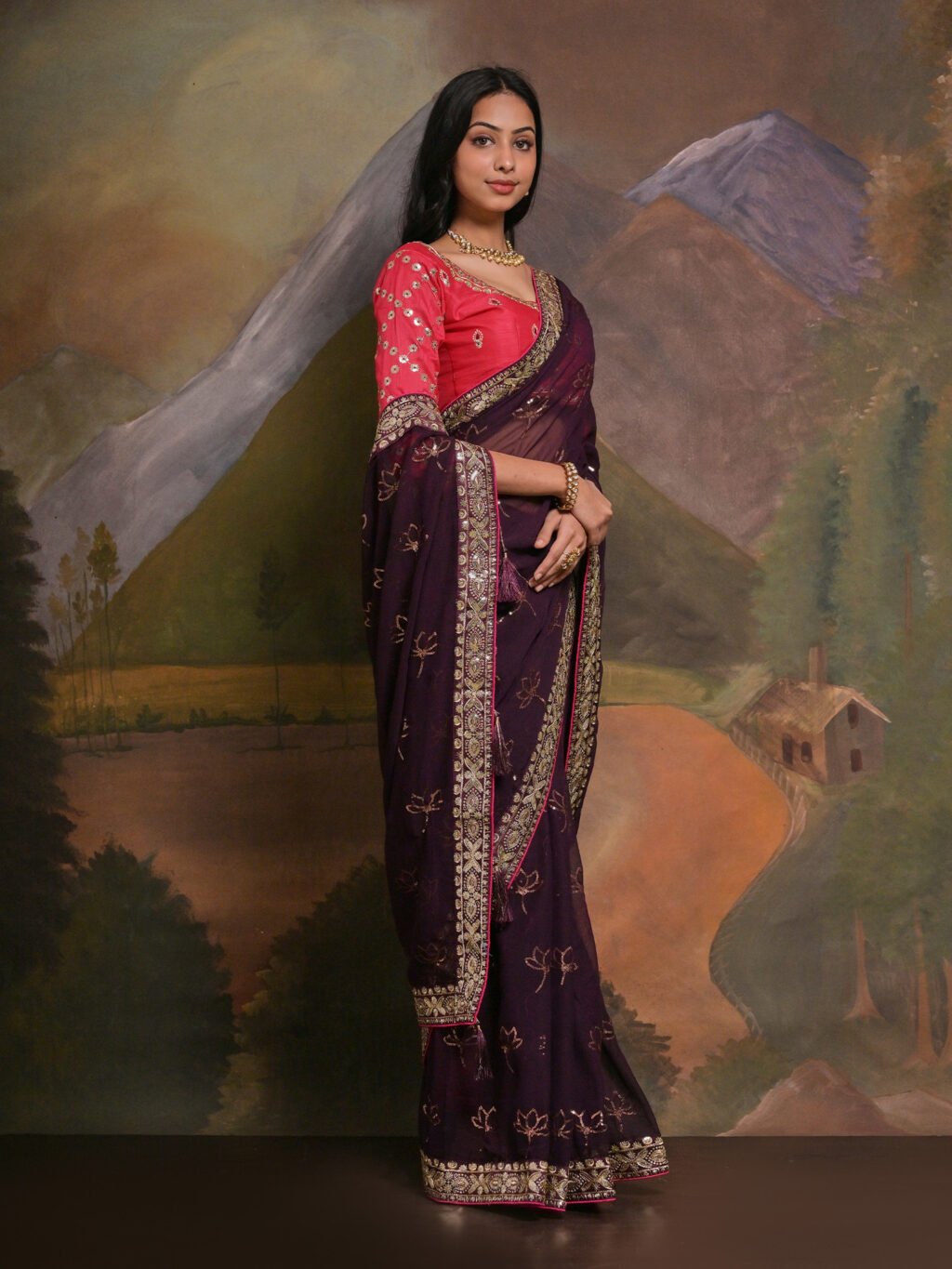 Burgundy Georgette Saree - Image 4