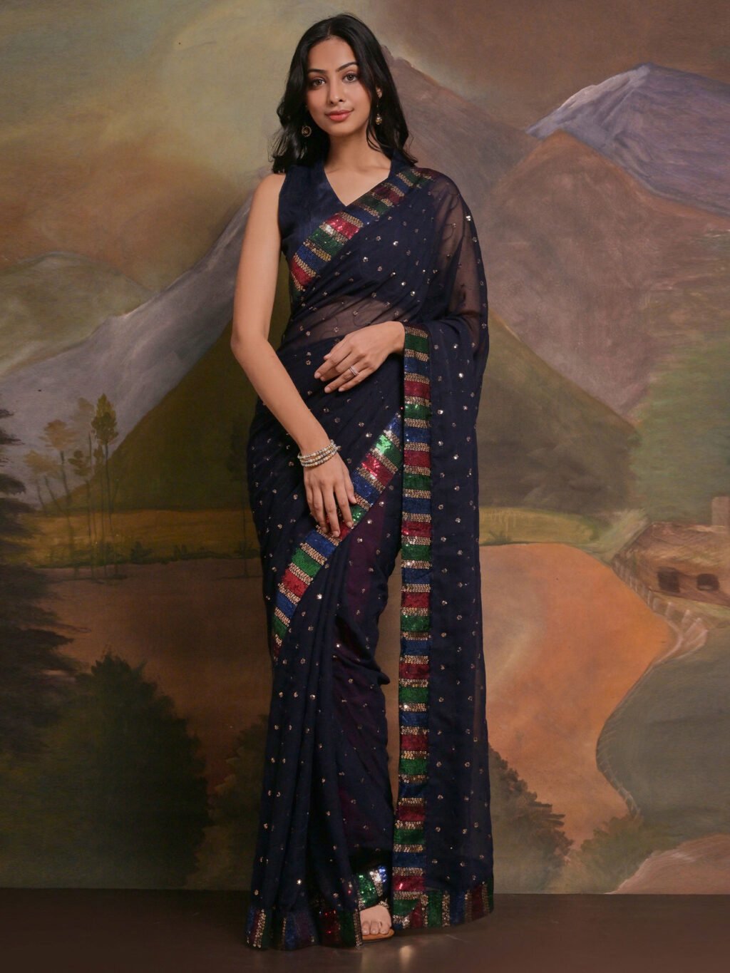 Image of Navy Blue Georgette Saree