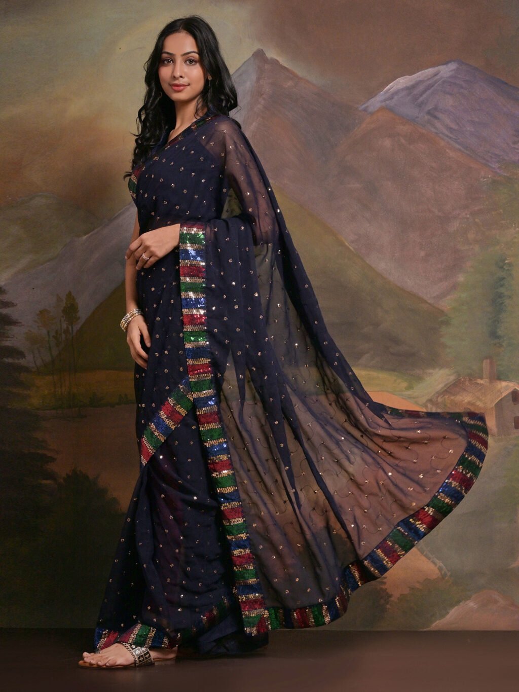Navy Blue Georgette Saree - Image 3