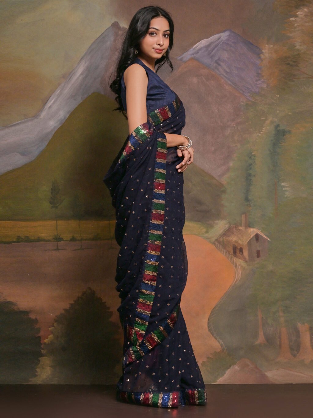 Navy Blue Georgette Saree - Image 4