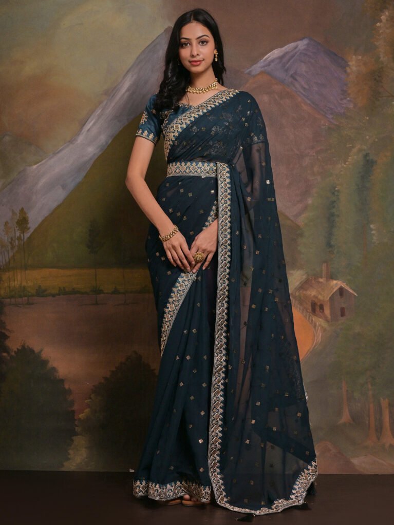 Image of Teal Blue Georgette Saree