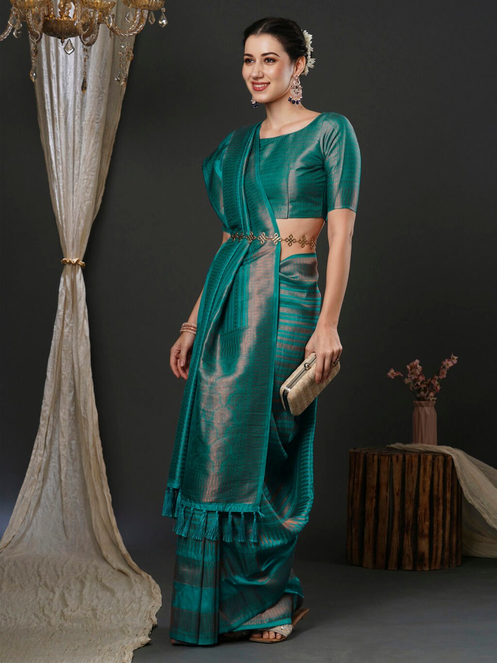 Teal Blue Silk Saree - Image 3