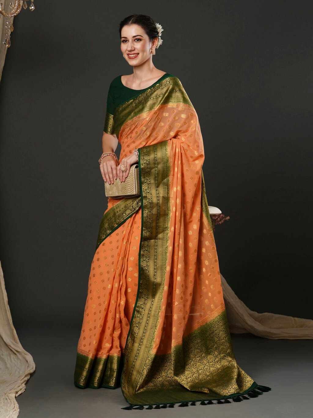 Greenish Peach Designer Georgette Saree - Image 3