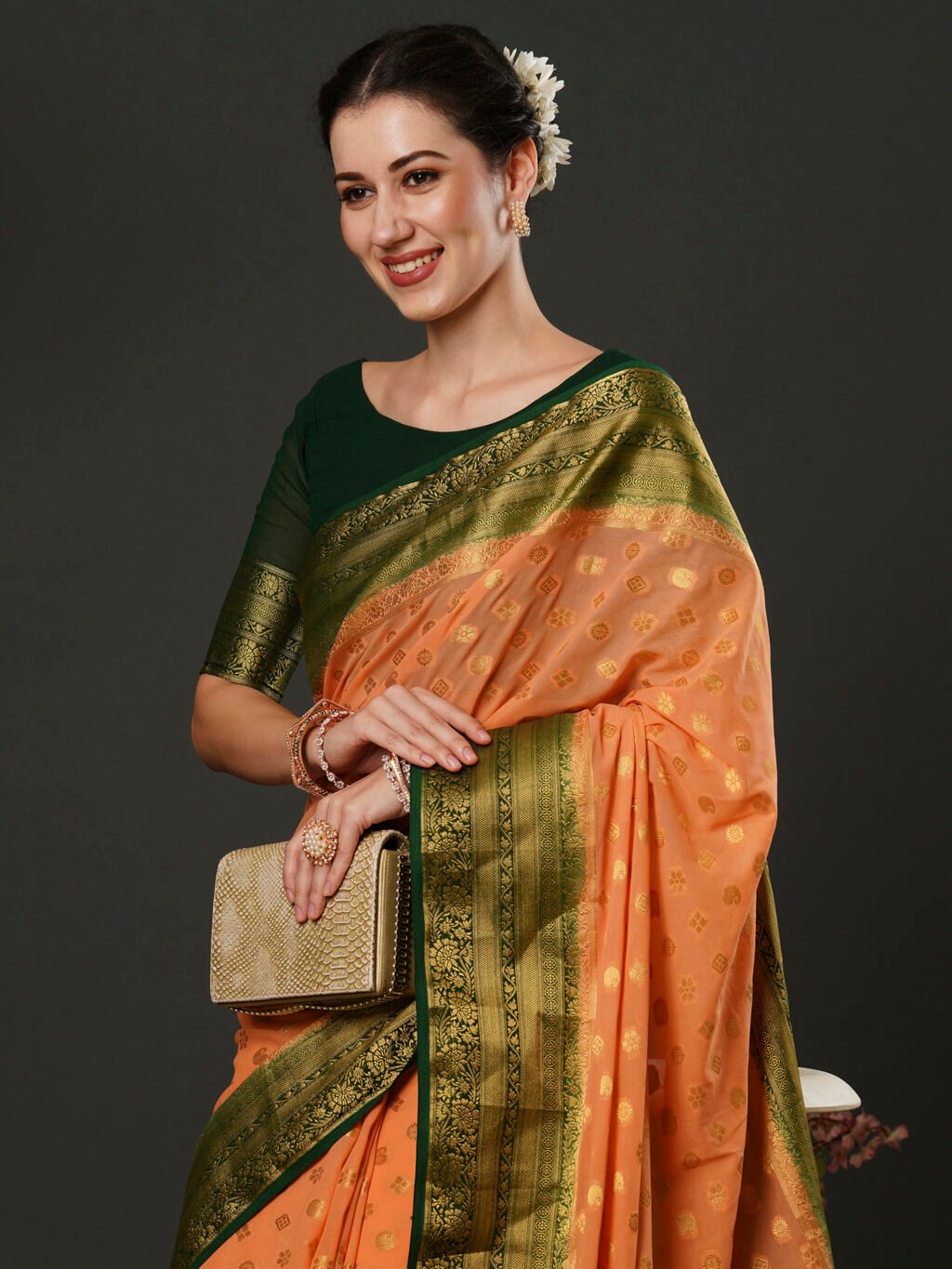 Greenish Peach Designer Georgette Saree - Image 4