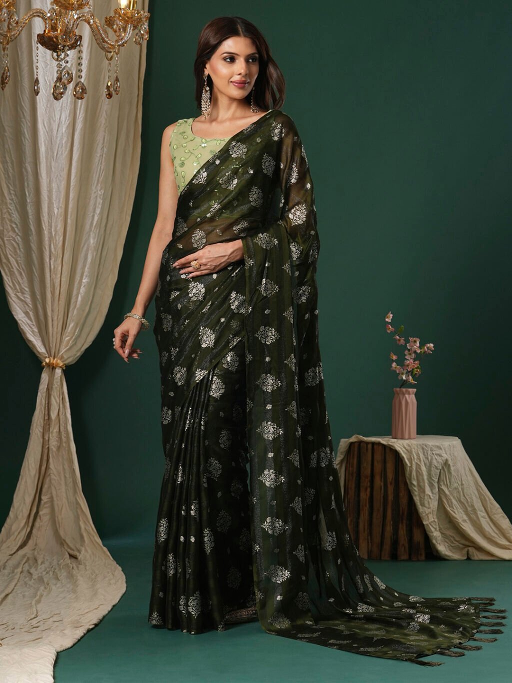 Image of Olive Chiffon Saree