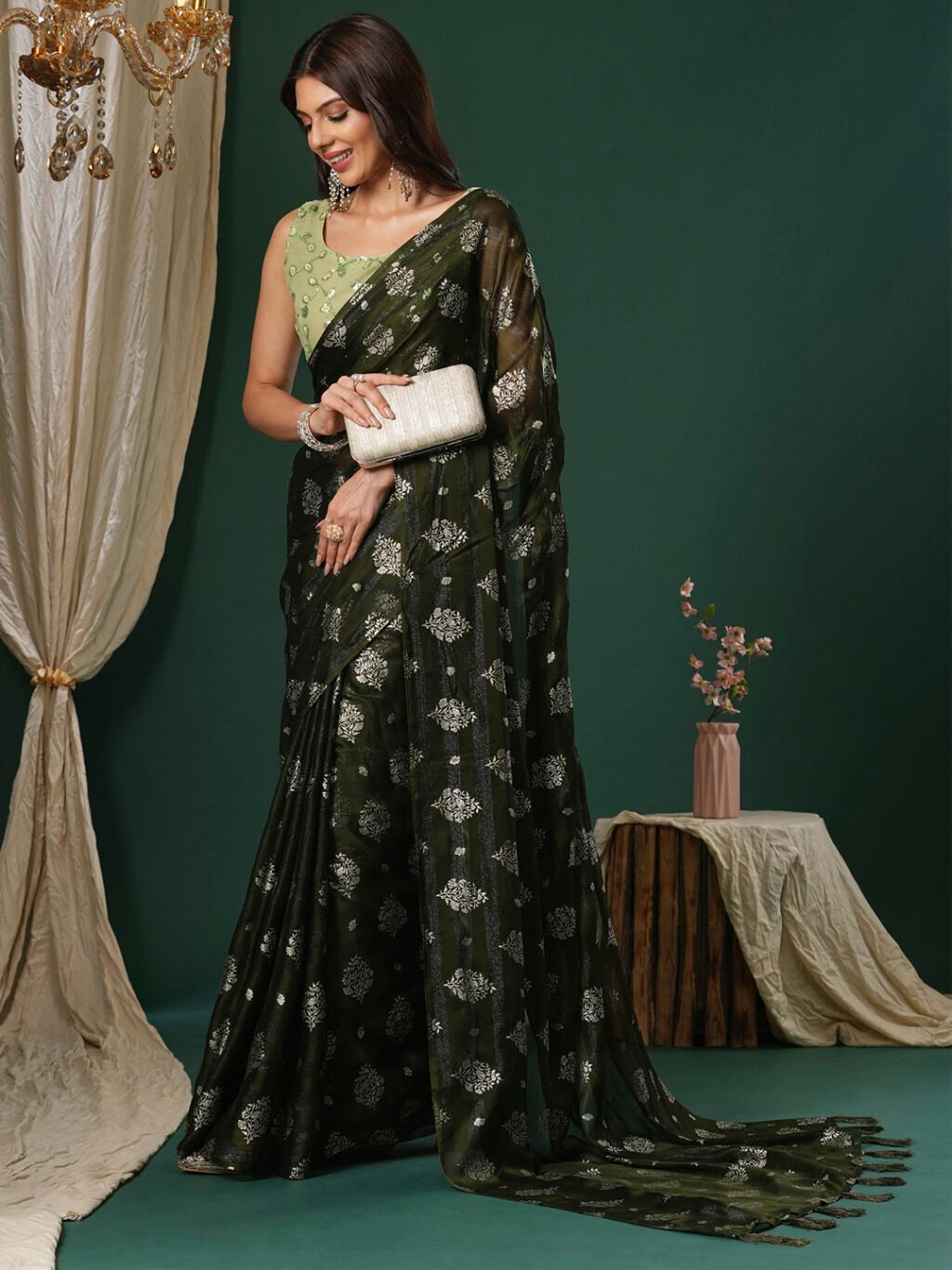 Olive Chiffon Saree - Image 3