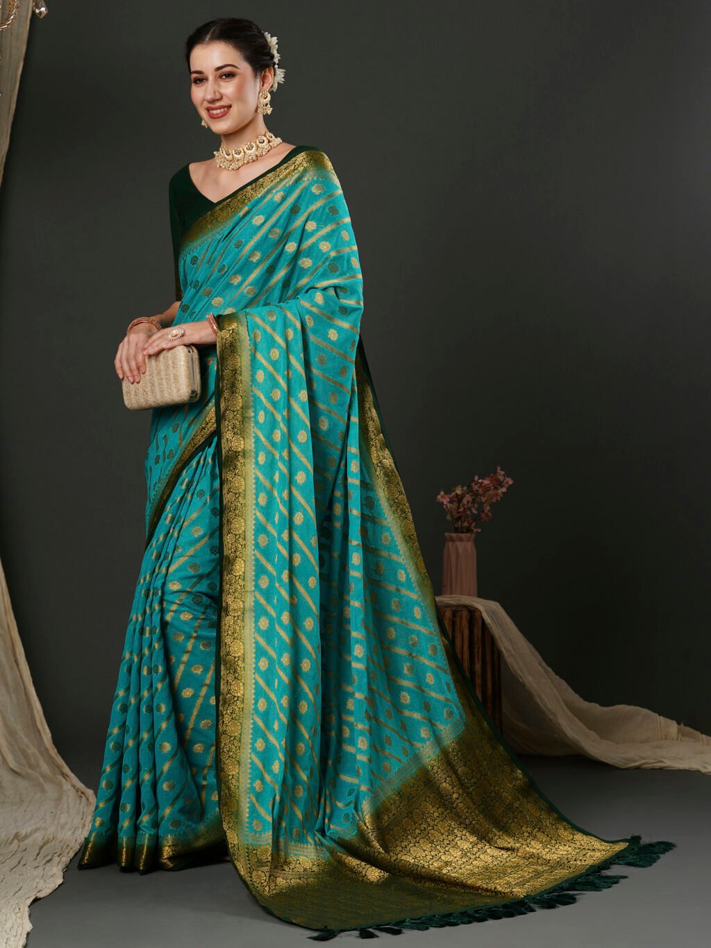 Greenish Blue Designer Georgette Saree - Image 3