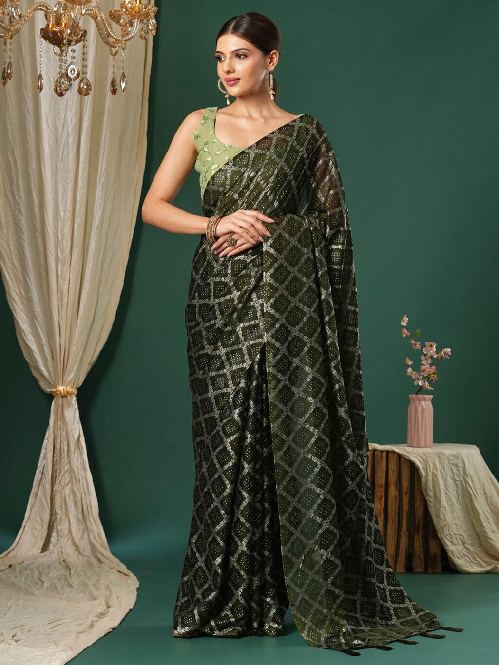 Image of Olive Chiffon Saree
