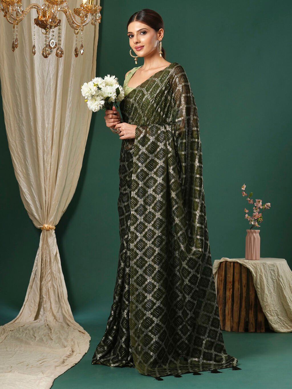Olive Chiffon Saree - Image 3