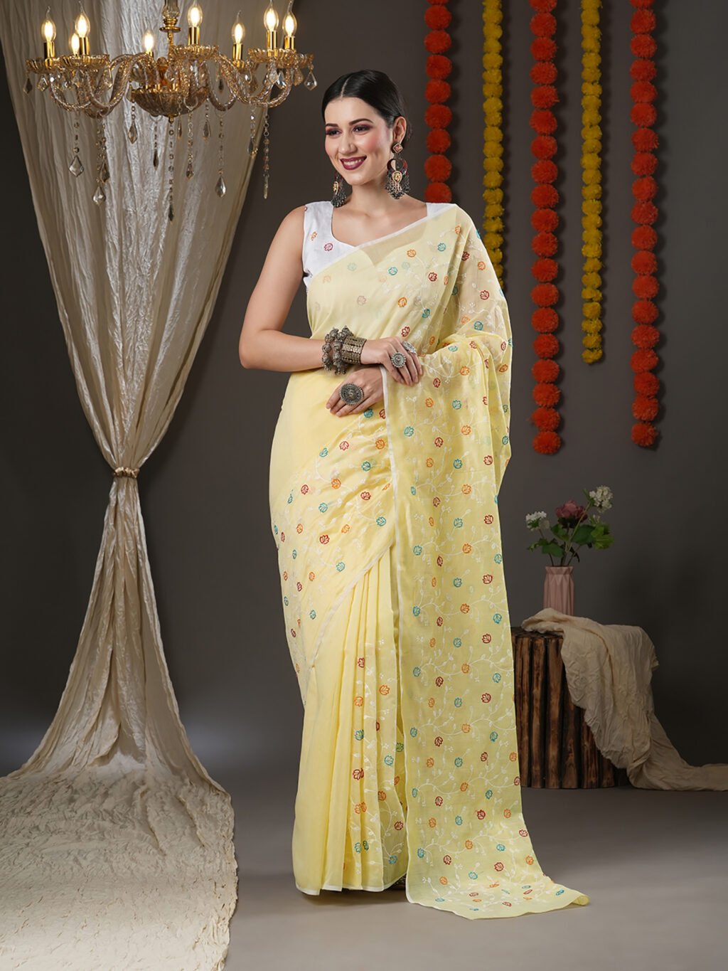 Image of Yellow Cotton Saree