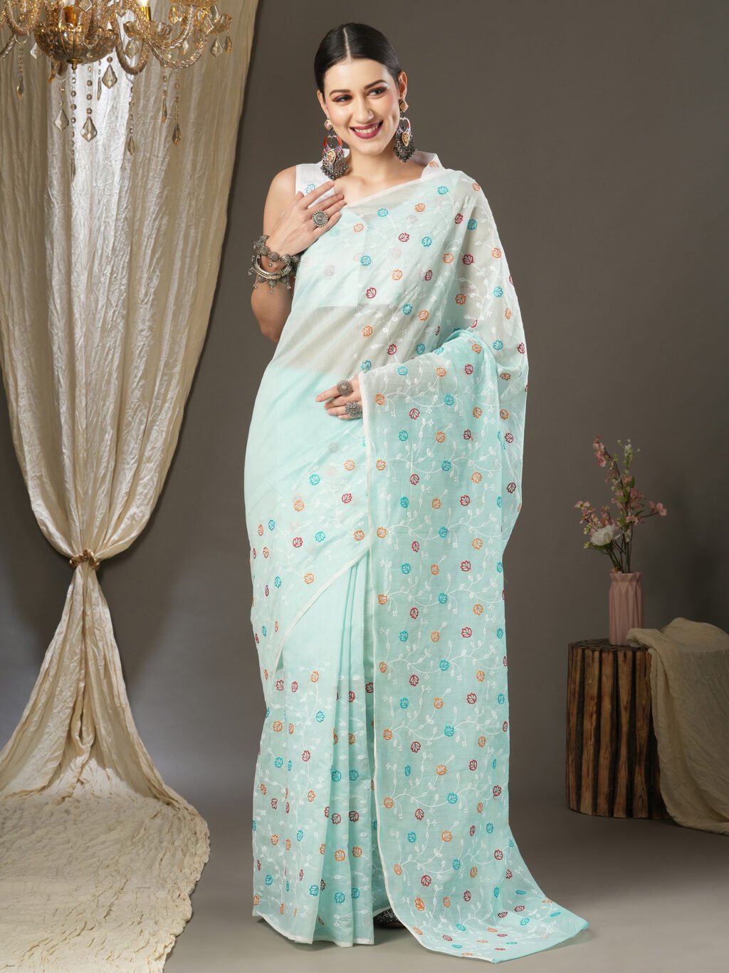 Image of Turquoise Cotton Saree